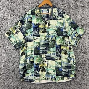 Tommy Bahama Shirt Mens 2XLT Blue Green Silk Hawaiian Paradise Print Camp Button